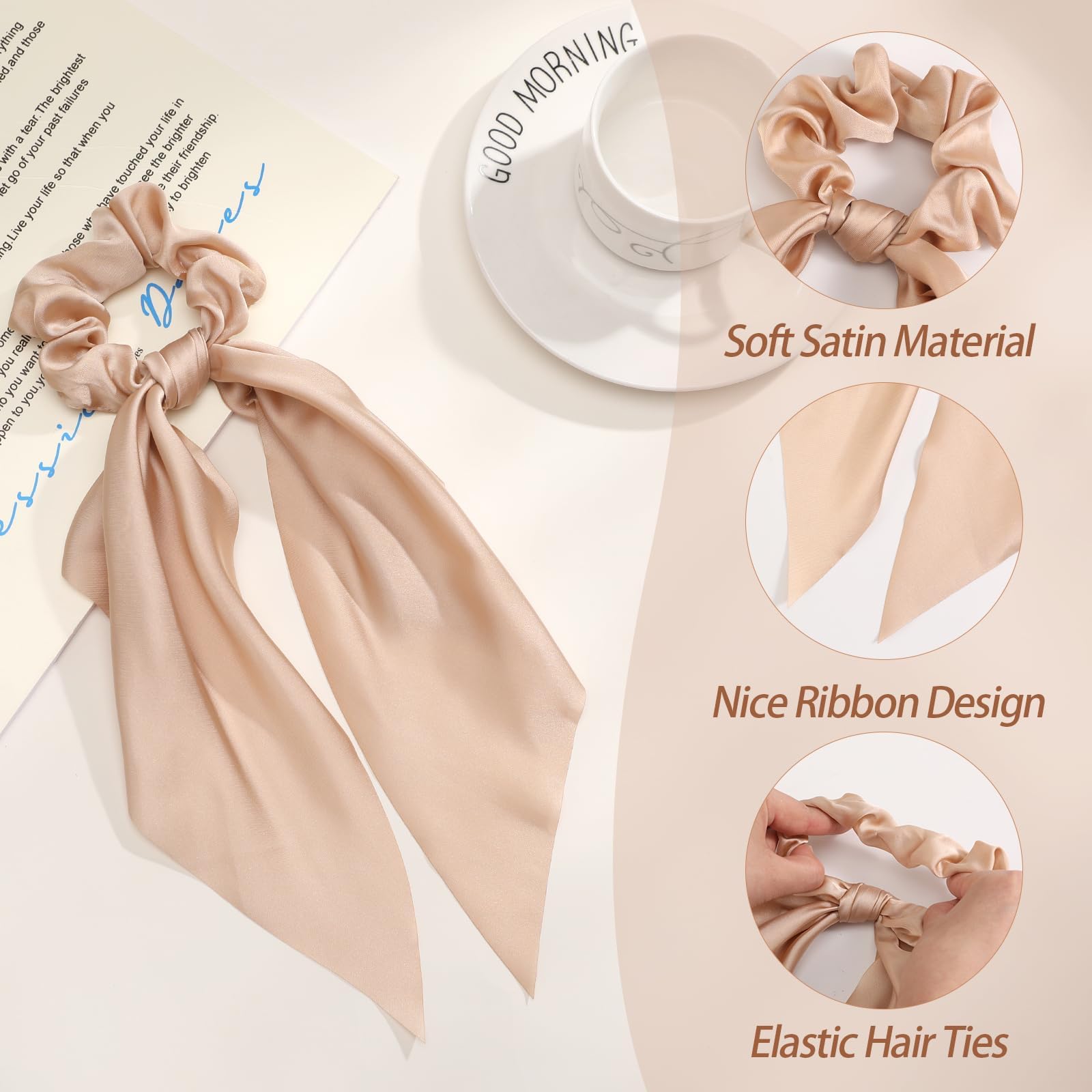 Glaudmeiss scrunchie separated from ribbon demonstrating detachable styling flexibility