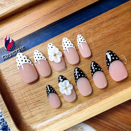 Gleamrain front packaging showing almond medium nails and set contents for easy selection