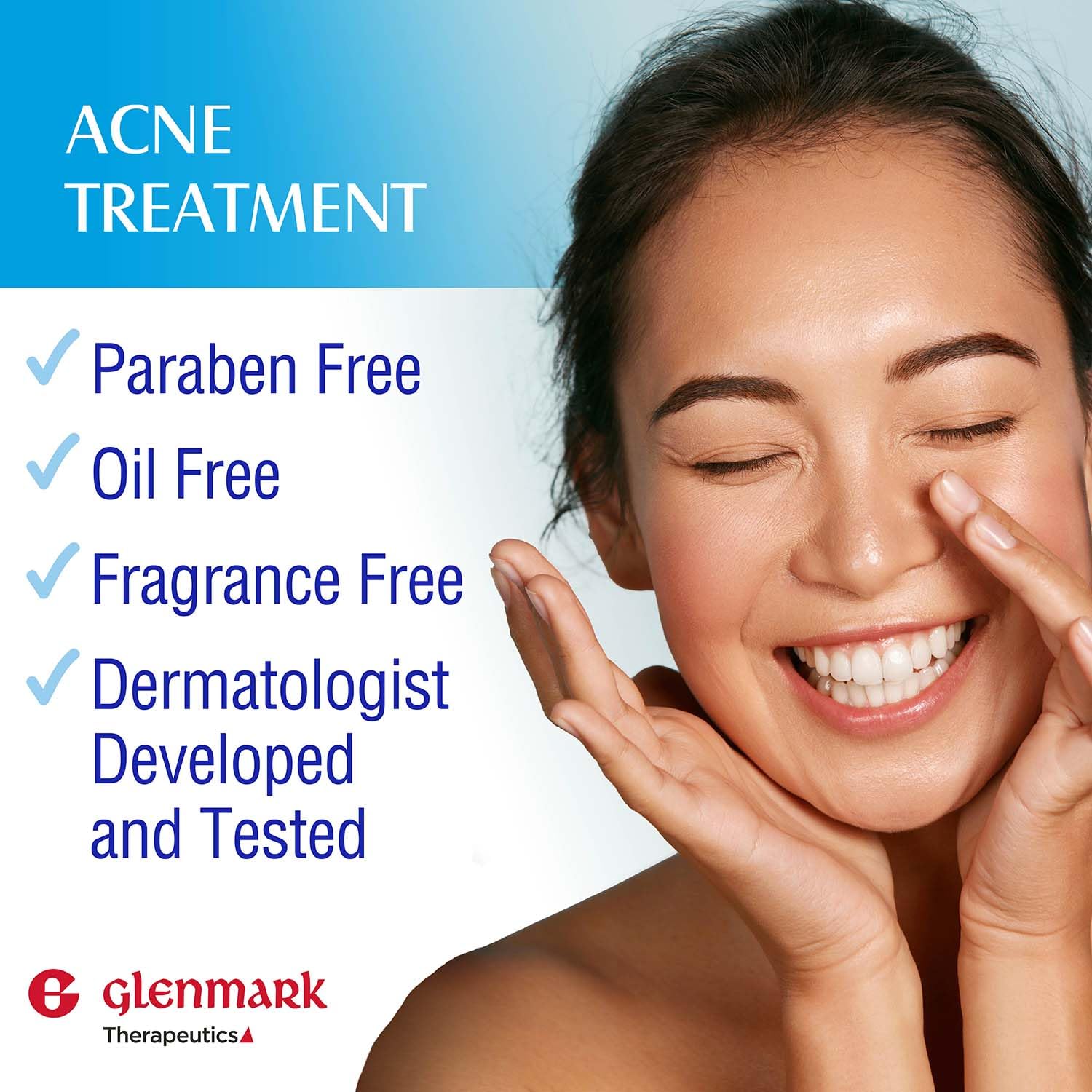 Applying Glenmark adapalene gel to cheek demonstrating targeted acne care
