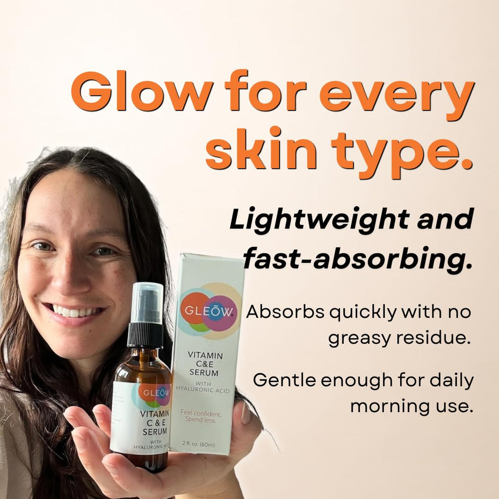 GLEOW label closeup listing vitamin C hyaluronic acid vitamin E benefits