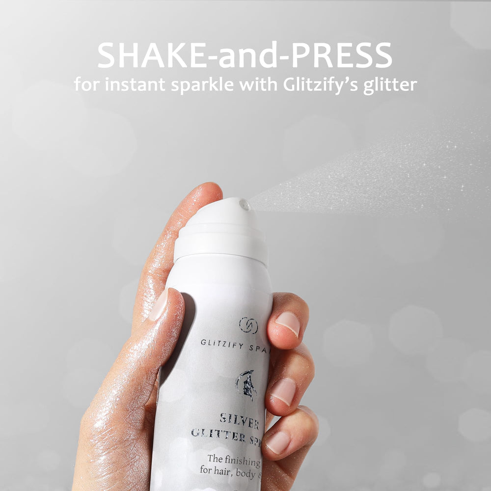 Glitzify being sprayed into hair for instant stage-ready shine