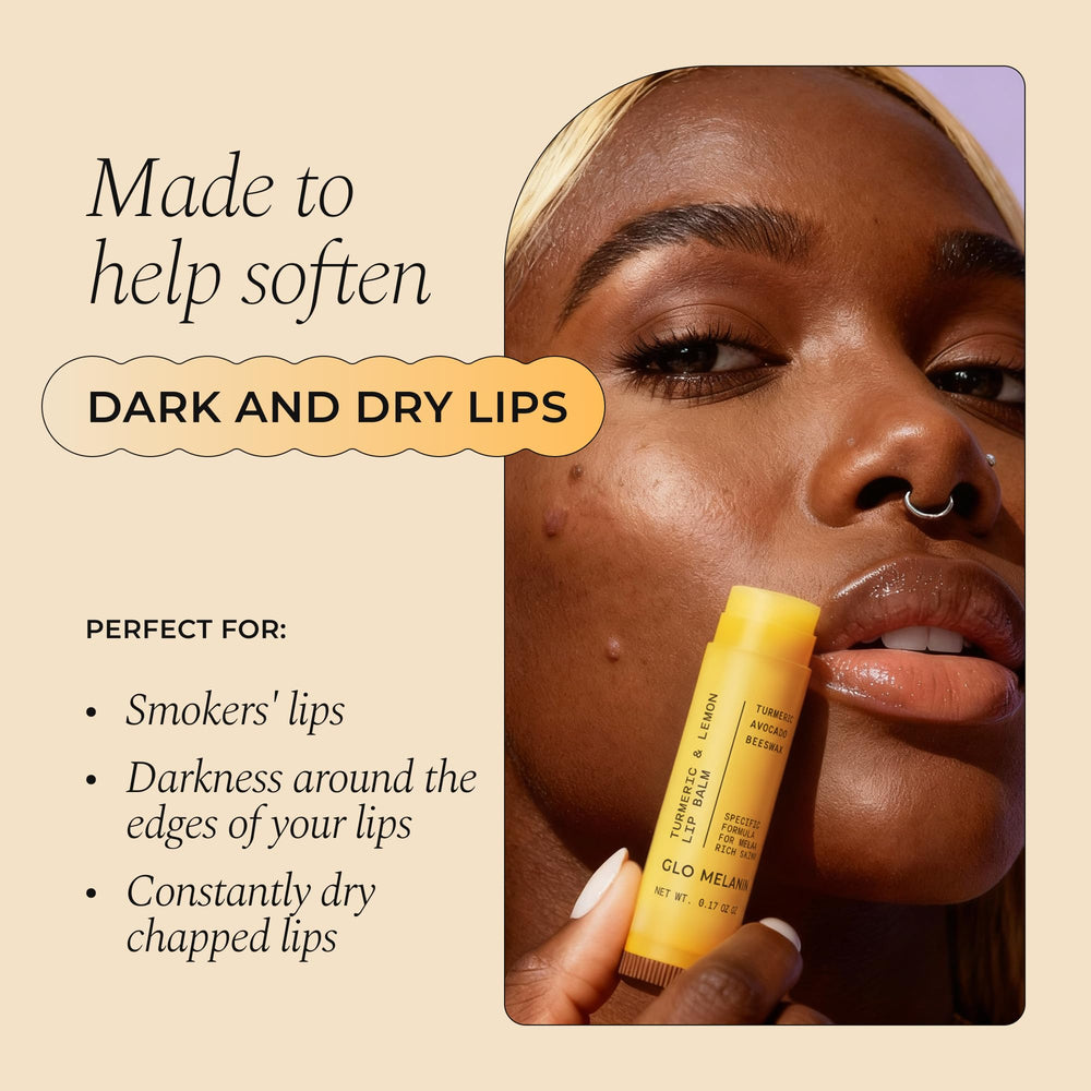 Glo Melanin open tube texture visible, highlights smooth, non-greasy finish