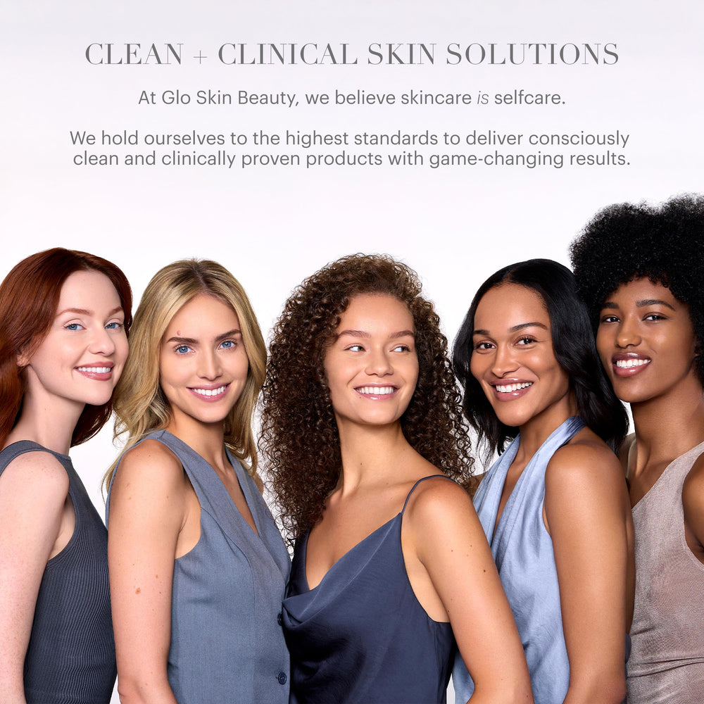 glo skin beauty before and after split-image shows pore-blurring and polished finish