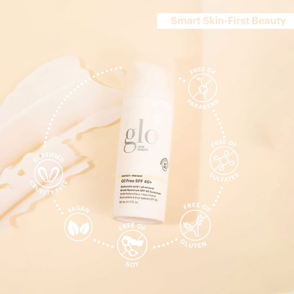 Glo Skin Beauty applied under makeup on model, shows compatibility with cosmetics benefit