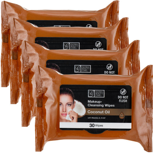 Global Beauty Care coconut oil wipes front pack showing travel-friendly resealable container