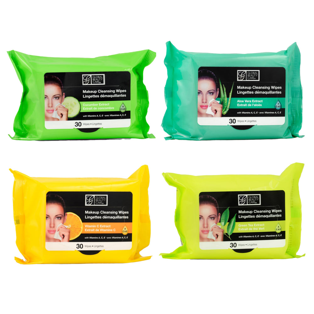Global Beauty Care four pouches displayed in a lifestyle setting, variety pack convenience for travel