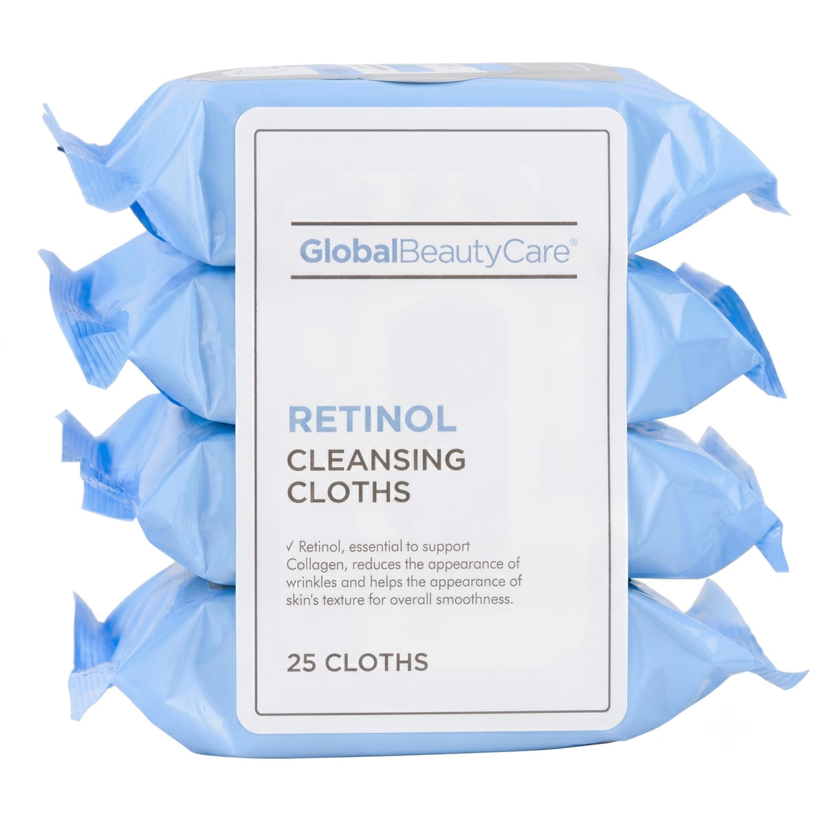 Global Beauty Care front packaging showing retinol wipes and pack benefits