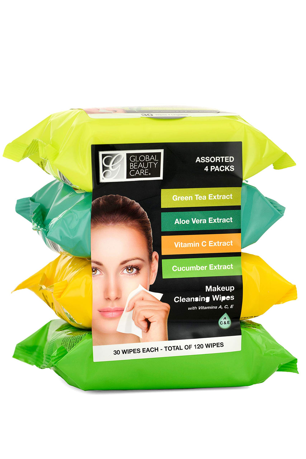 Global Beauty Care front packaging showing four resealable pouches and branding, convenient travel benefit