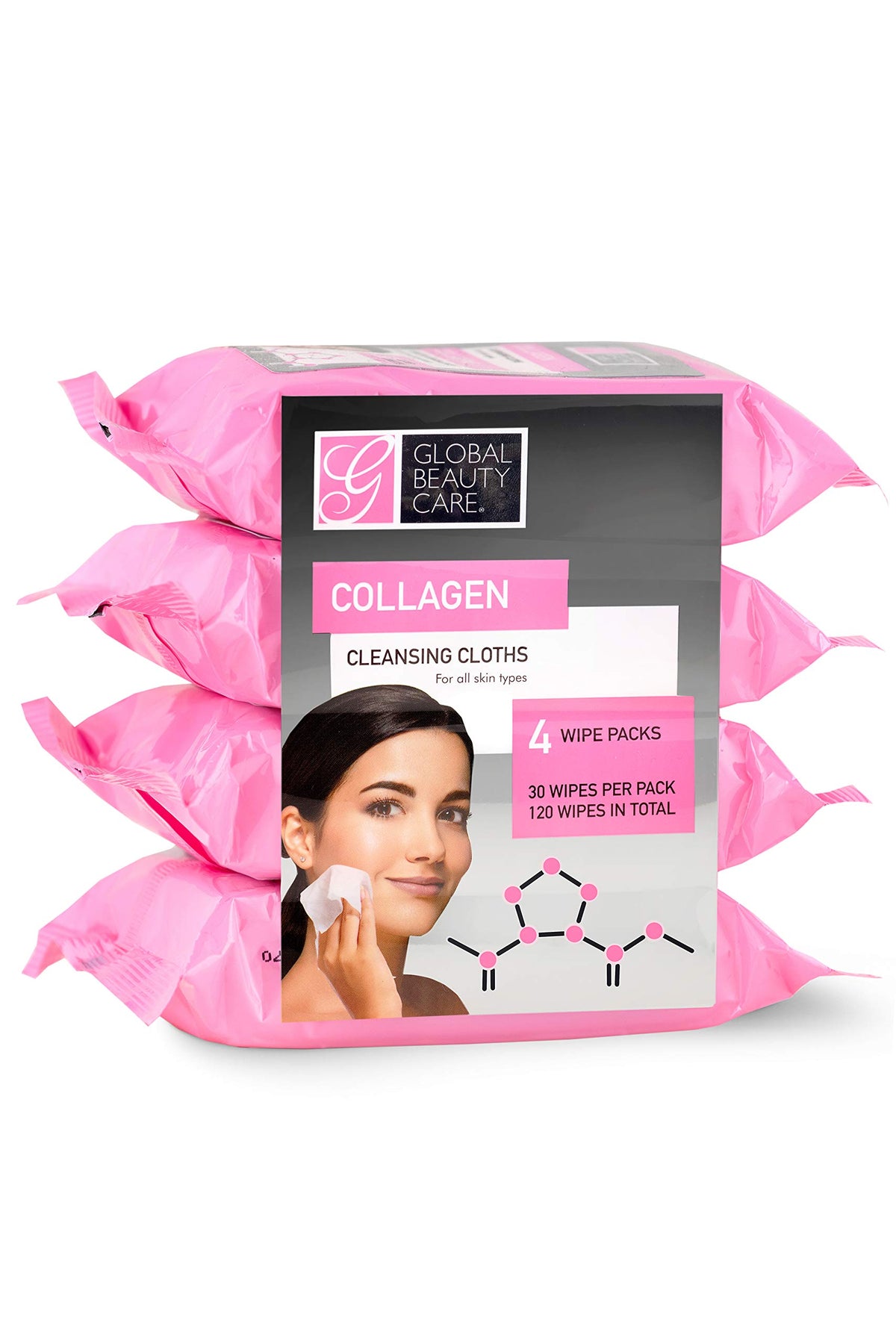 Global Beauty Care front packaging showing 4-pack wipes, convenient daily cleansing