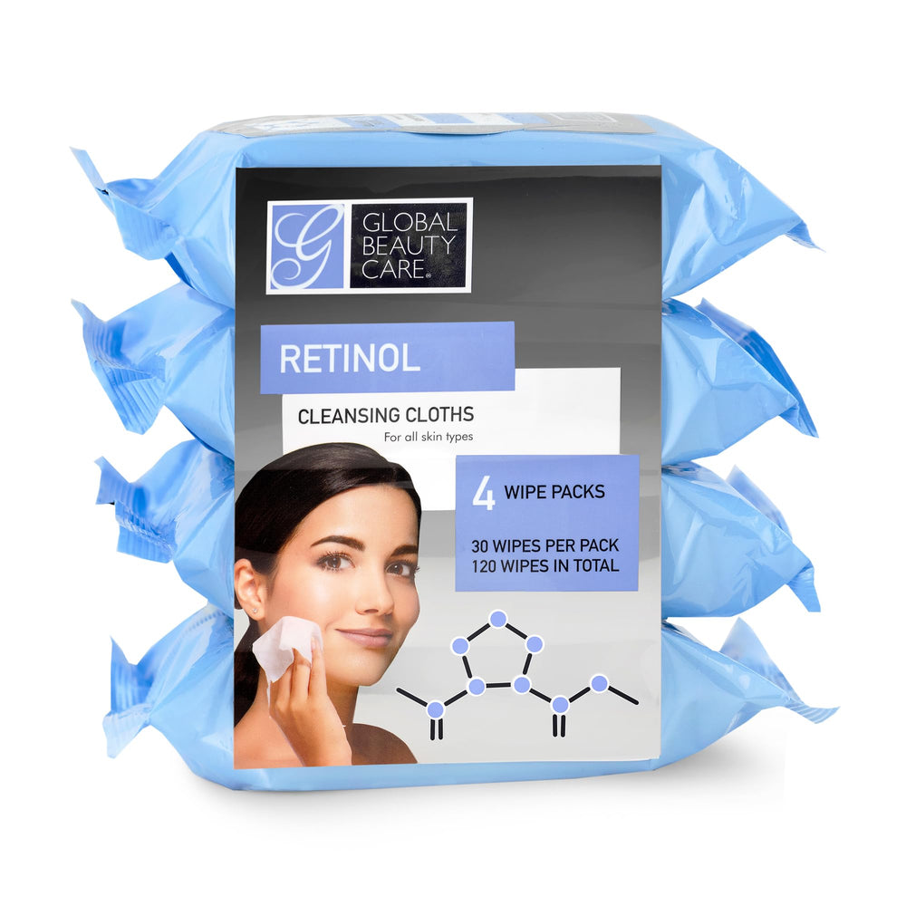 Global Beauty Care front packaging showing 4 resealable pouches and 120 wipes, convenient storage benefit