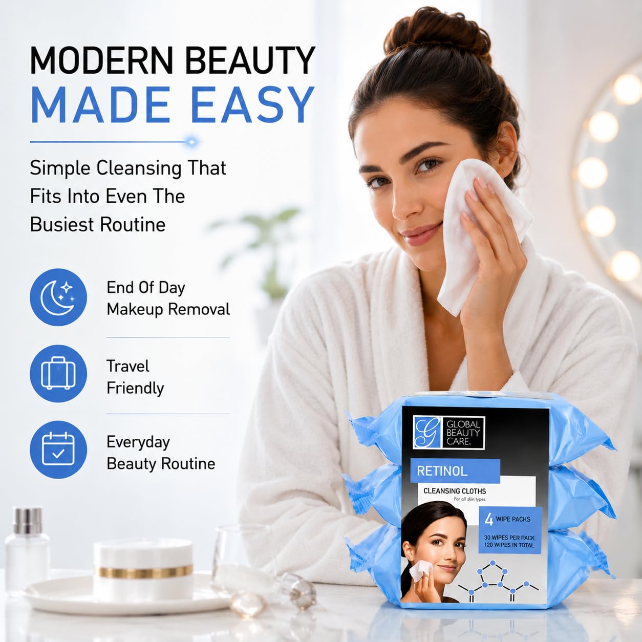Global Beauty Care visual of retinol and collagen elements, supports smoother looking skin benefit