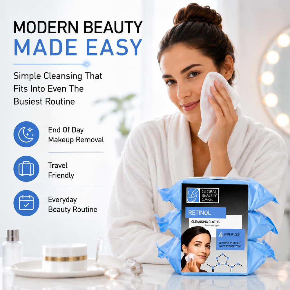 Global Beauty Care visual of retinol and collagen elements, supports smoother looking skin benefit