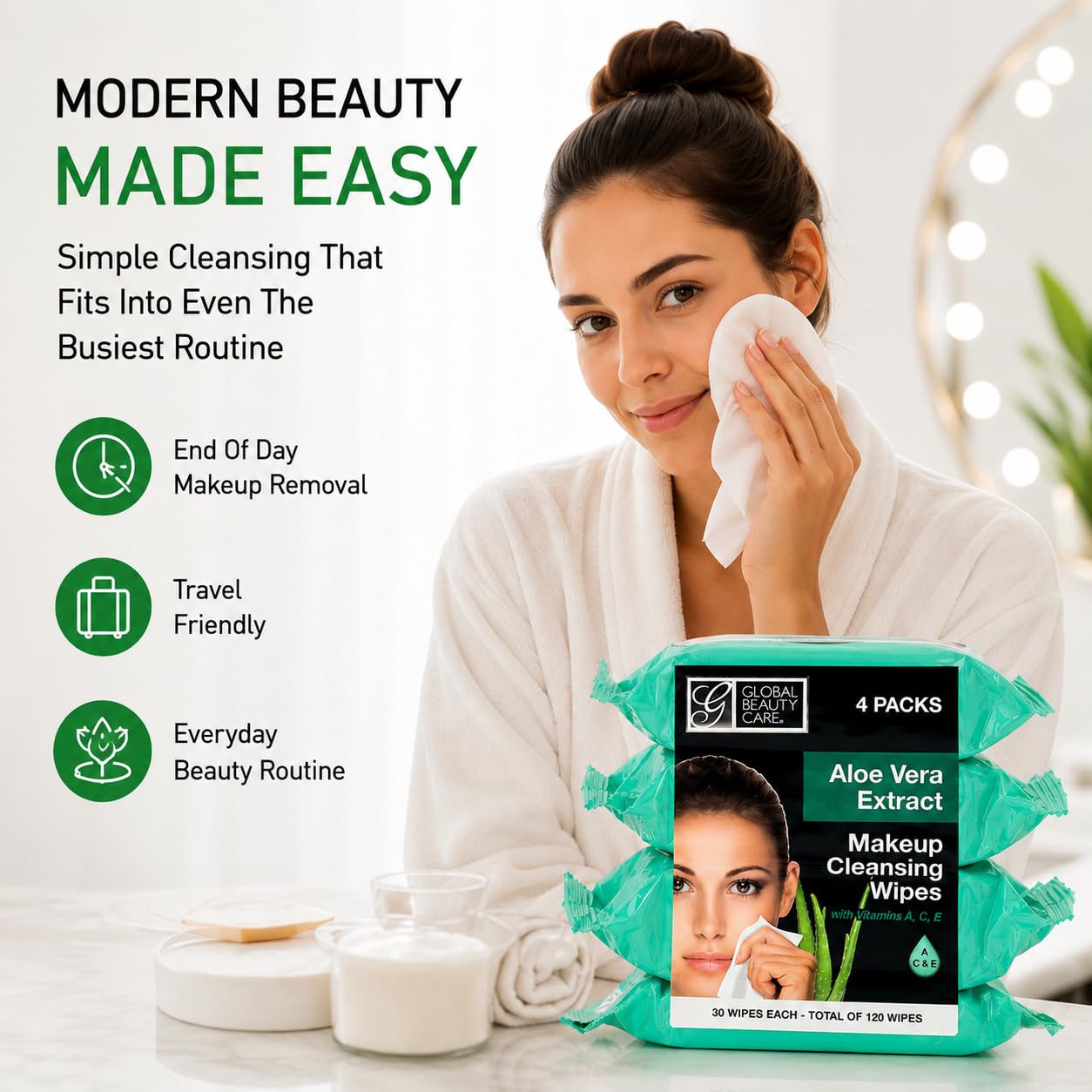 Global Beauty Care ingredient label highlighting aloe vera and vitamins