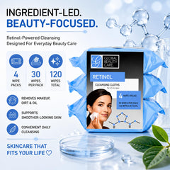 Global Beauty Care wipe on nightstand next to cleanser, simplifies evening skincare routine benefit