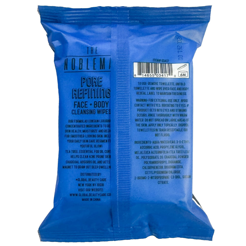 Global Beauty Care pack open with hand removing wipe, Nobleman quick face and body refresh