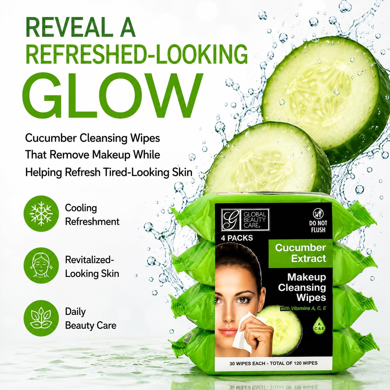 Global Beauty Care open resealable pack with one wipe exposed for easy access benefit