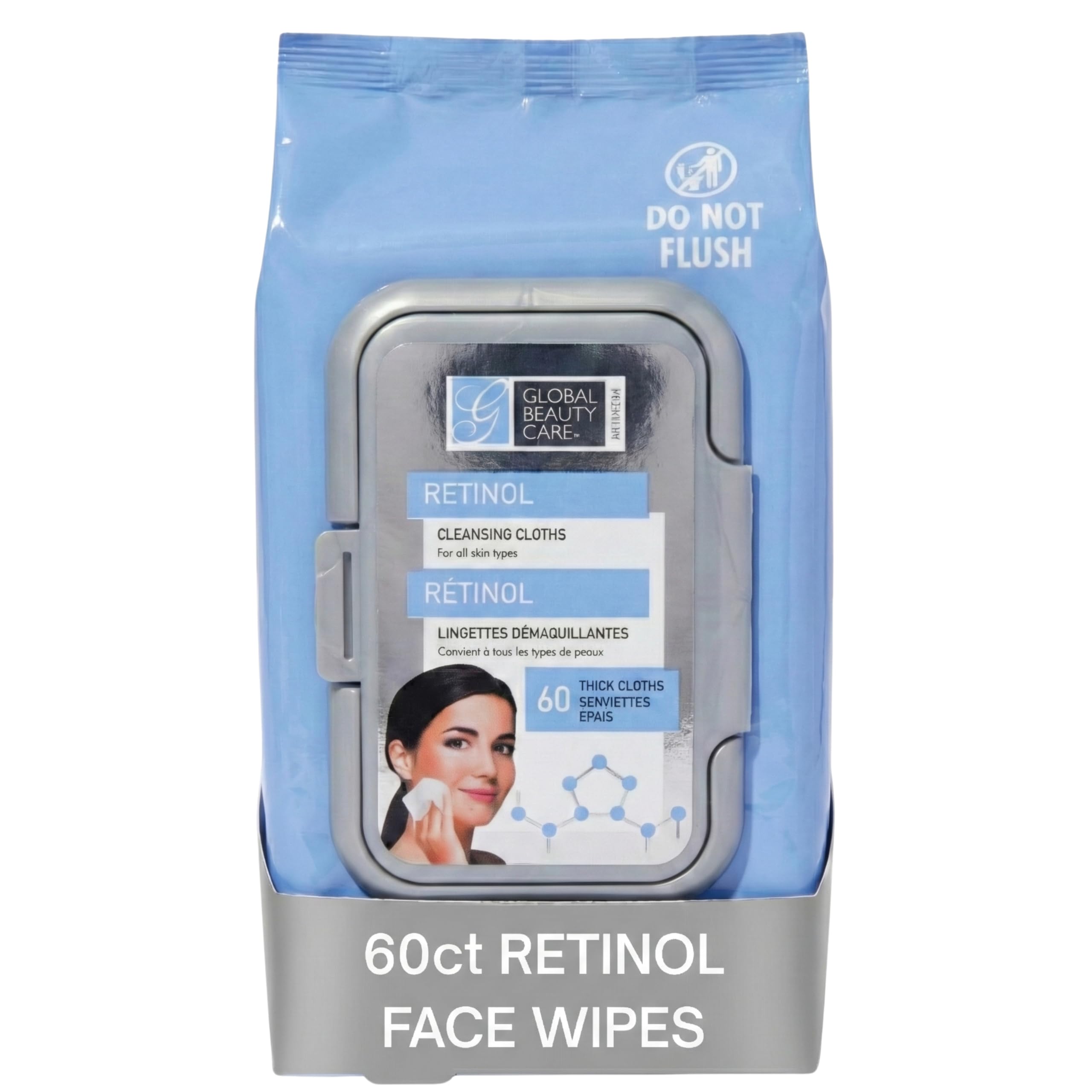 Global Beauty Care front pack showing 60-count travel-friendly wipes and benefits