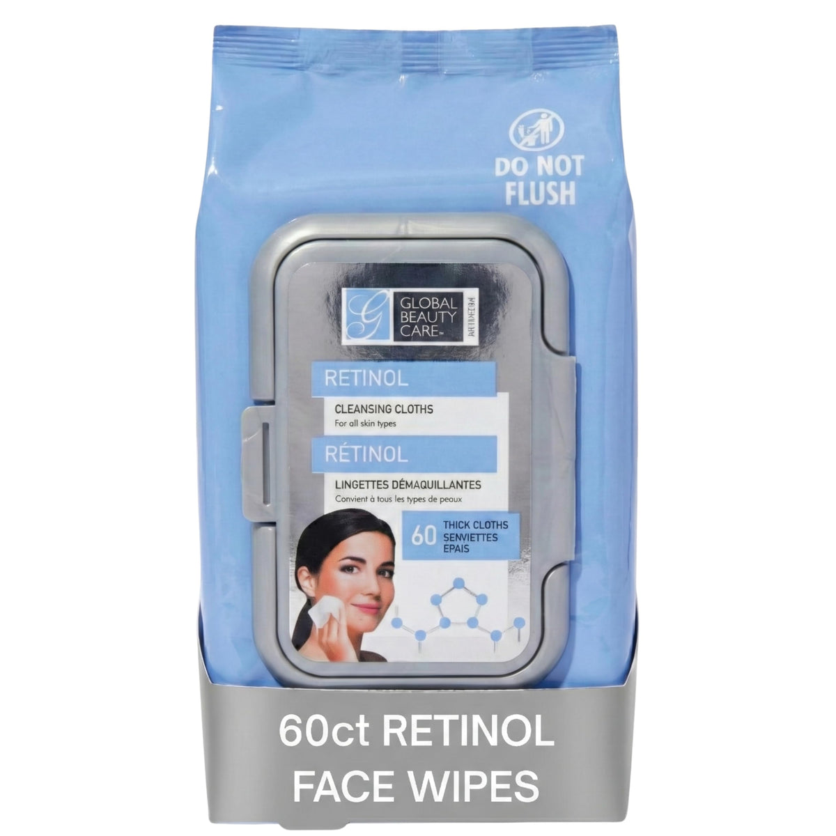 Global Beauty Care front pack showing 60-count travel-friendly wipes and benefits