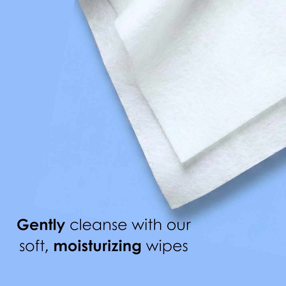 Global Beauty Care wipe next to a hand showing size and convenient portability