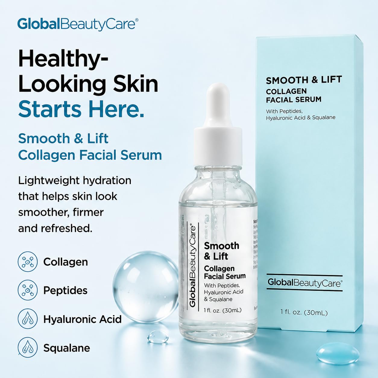 Global Beauty Care dropper dispensing serum demonstrating precise application and fast absorption