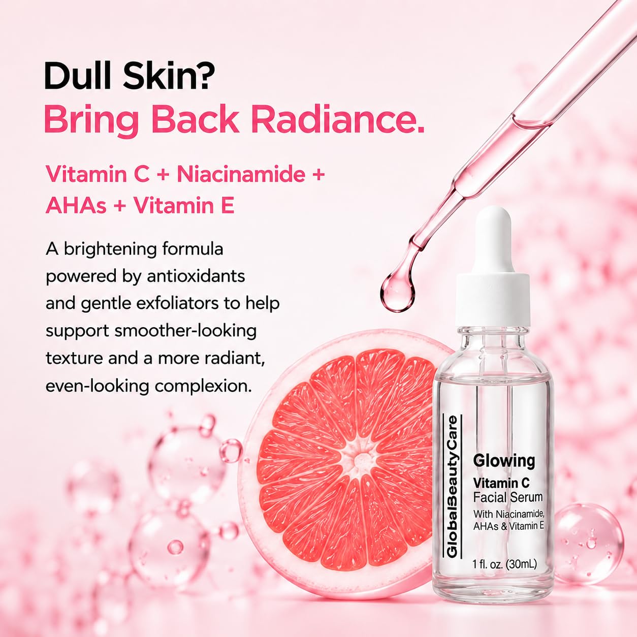 Global Beauty Care serum on bathroom shelf as part of daily routine