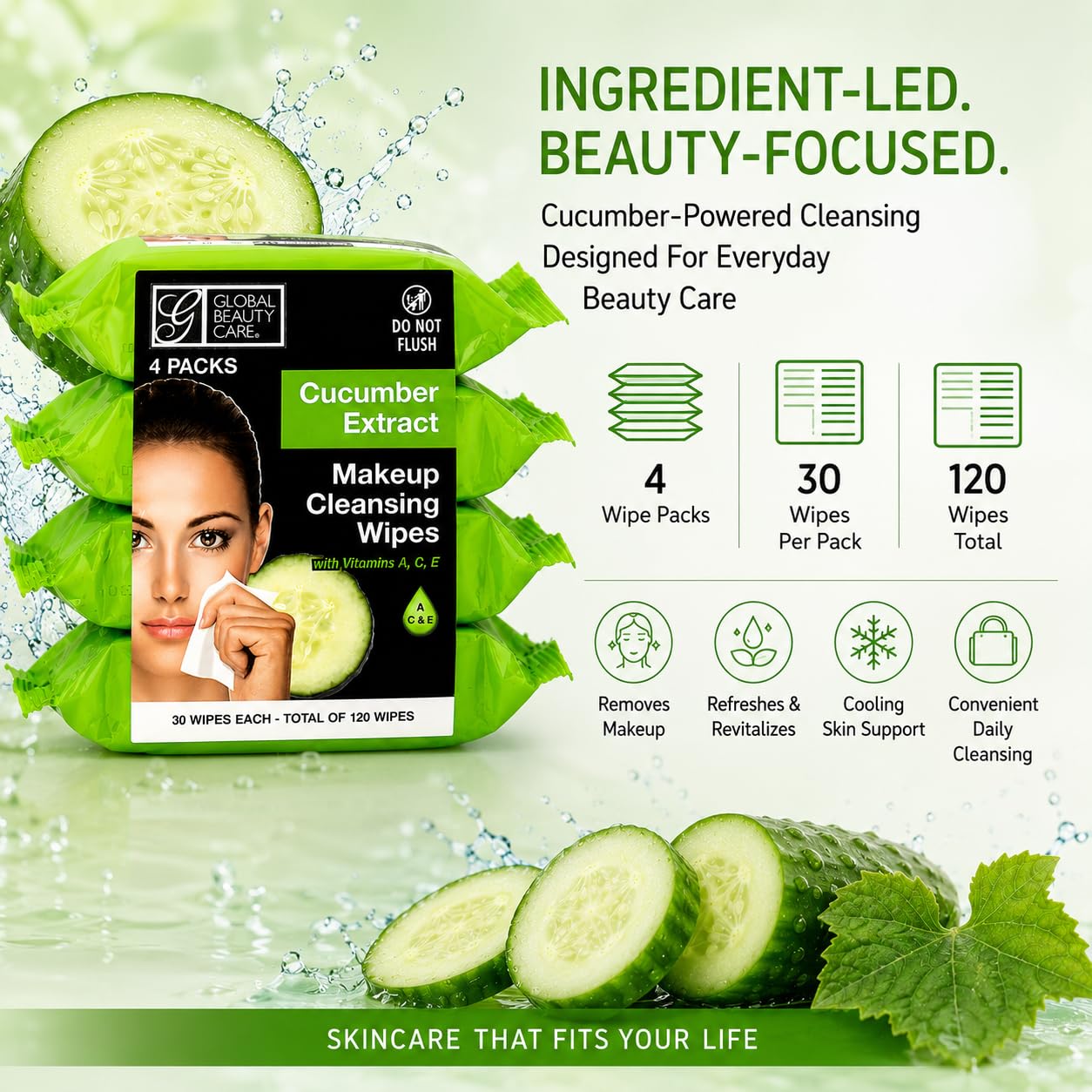 Global Beauty Care four packs stacked to show value size and resealable packaging benefit