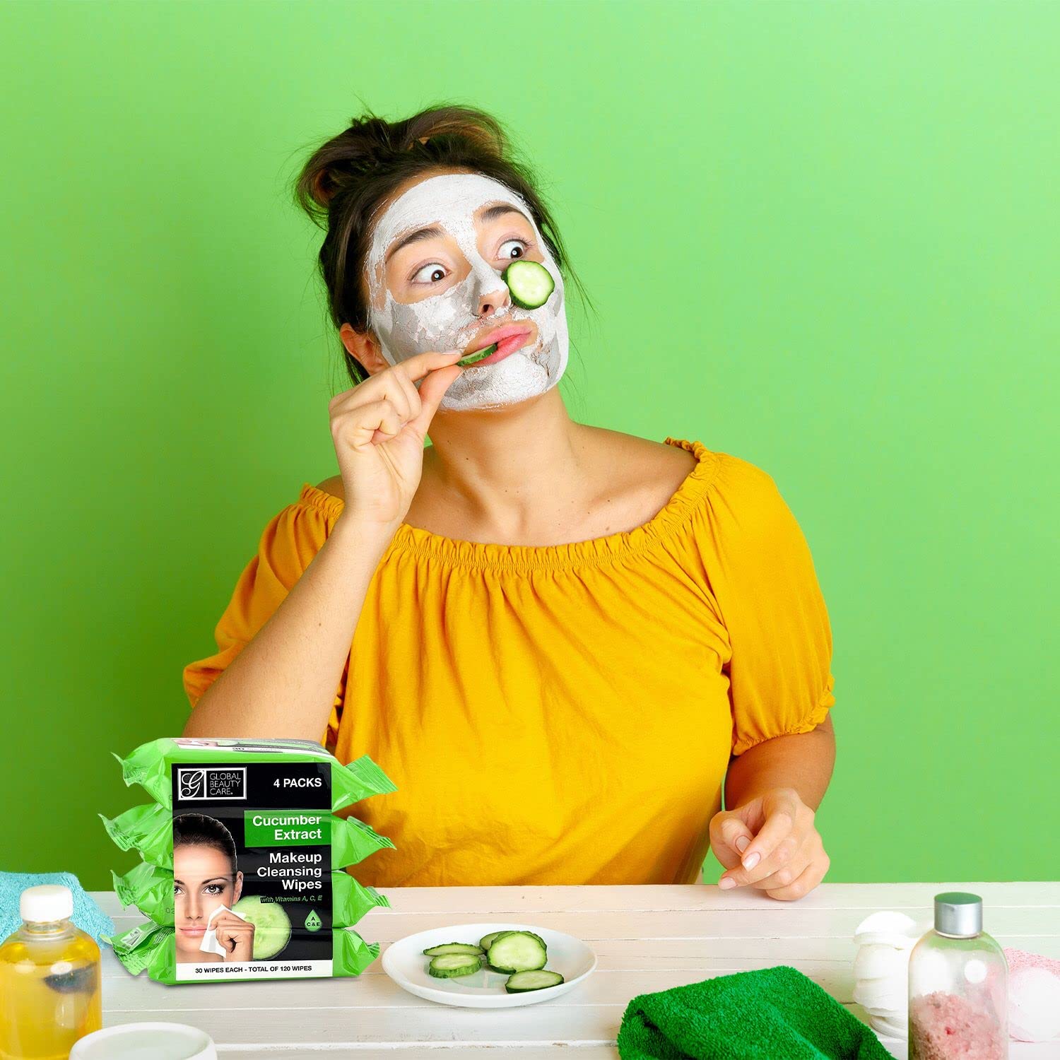 Global Beauty Care vitamin C pack staged on vanity showing brightening-feel benefit