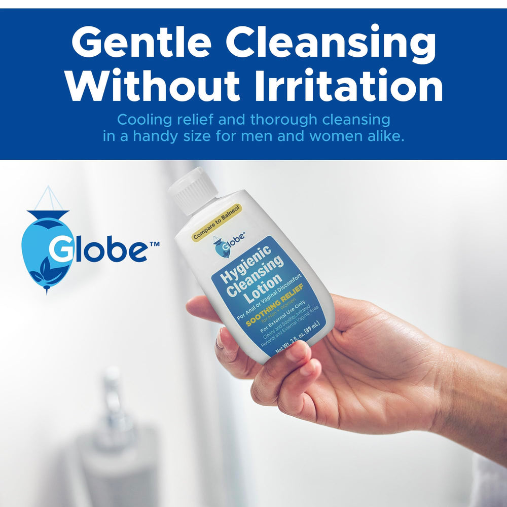 Globe bottle in hand to communicate compact 3 oz size and portability