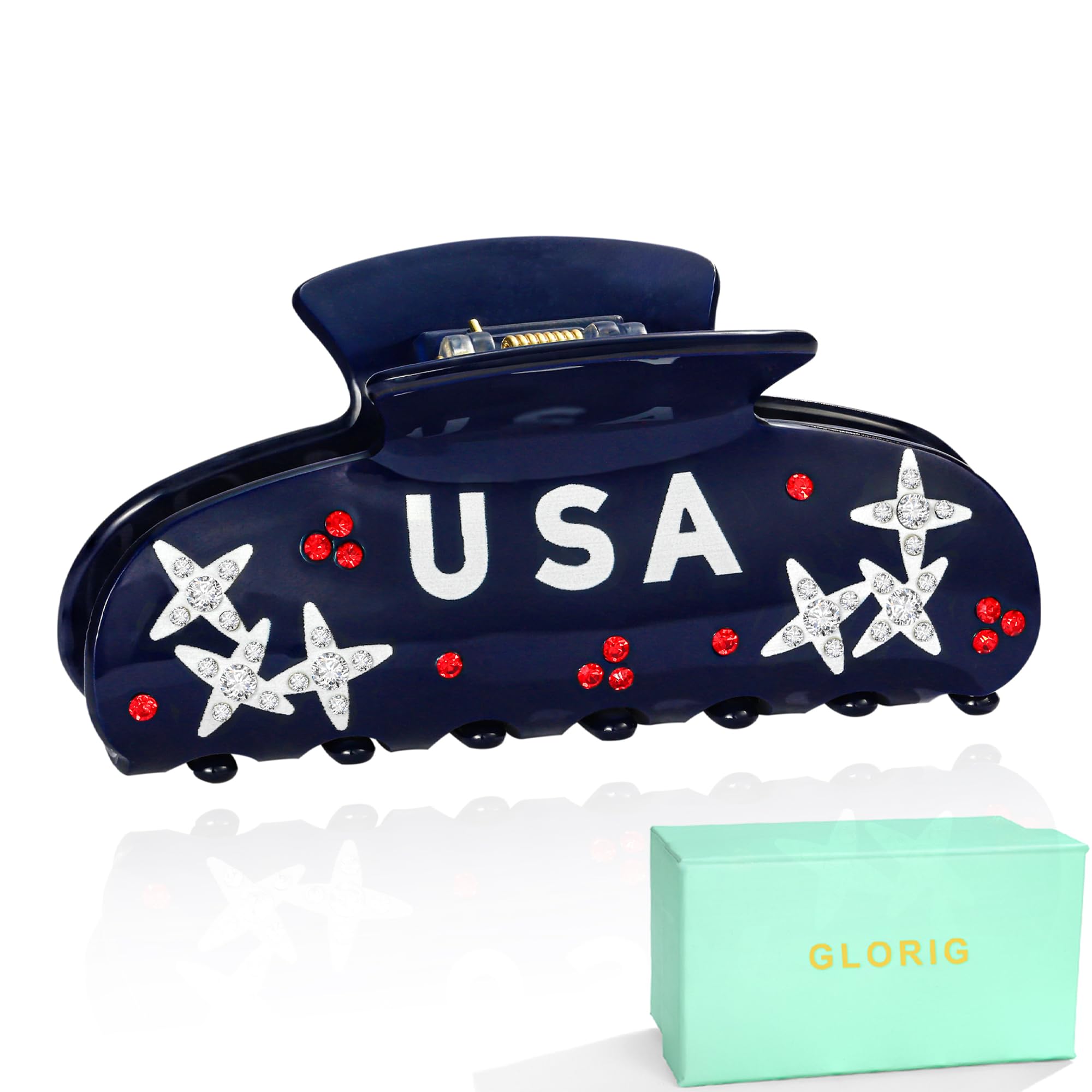 Glorig front view showing USA rhinestone clip and festive sparkle, boosts patriotic outfits