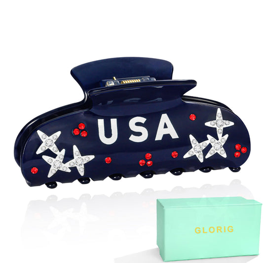 Glorig front view showing USA rhinestone clip and festive sparkle, boosts patriotic outfits