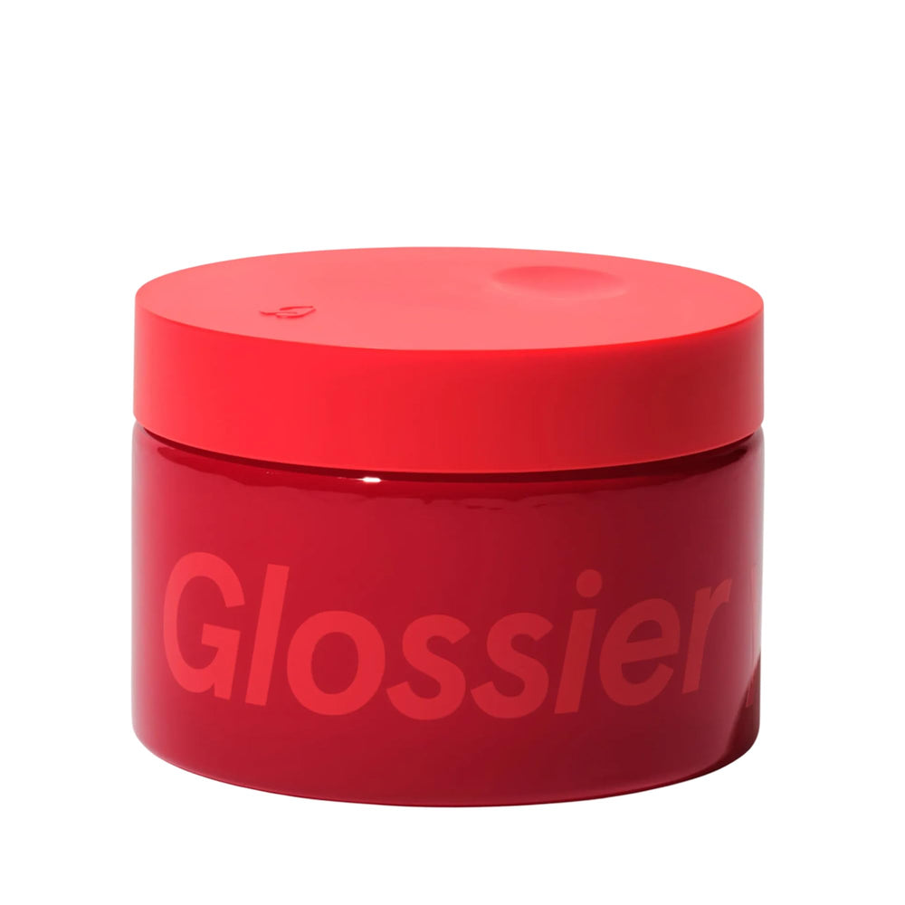 Glossier front packaging showing jar and brand, highlights elegant design and portability