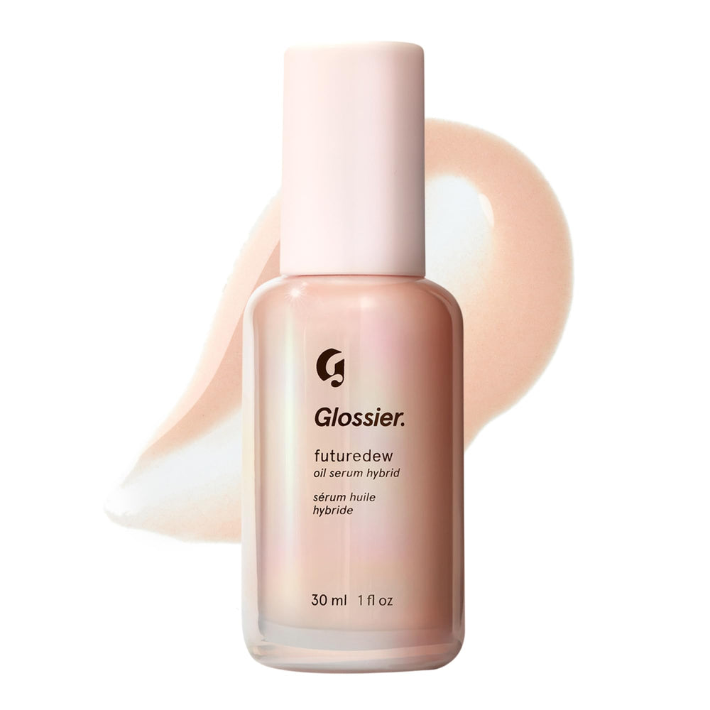 Glossier Futuredew front bottle showing sleek packaging and glow