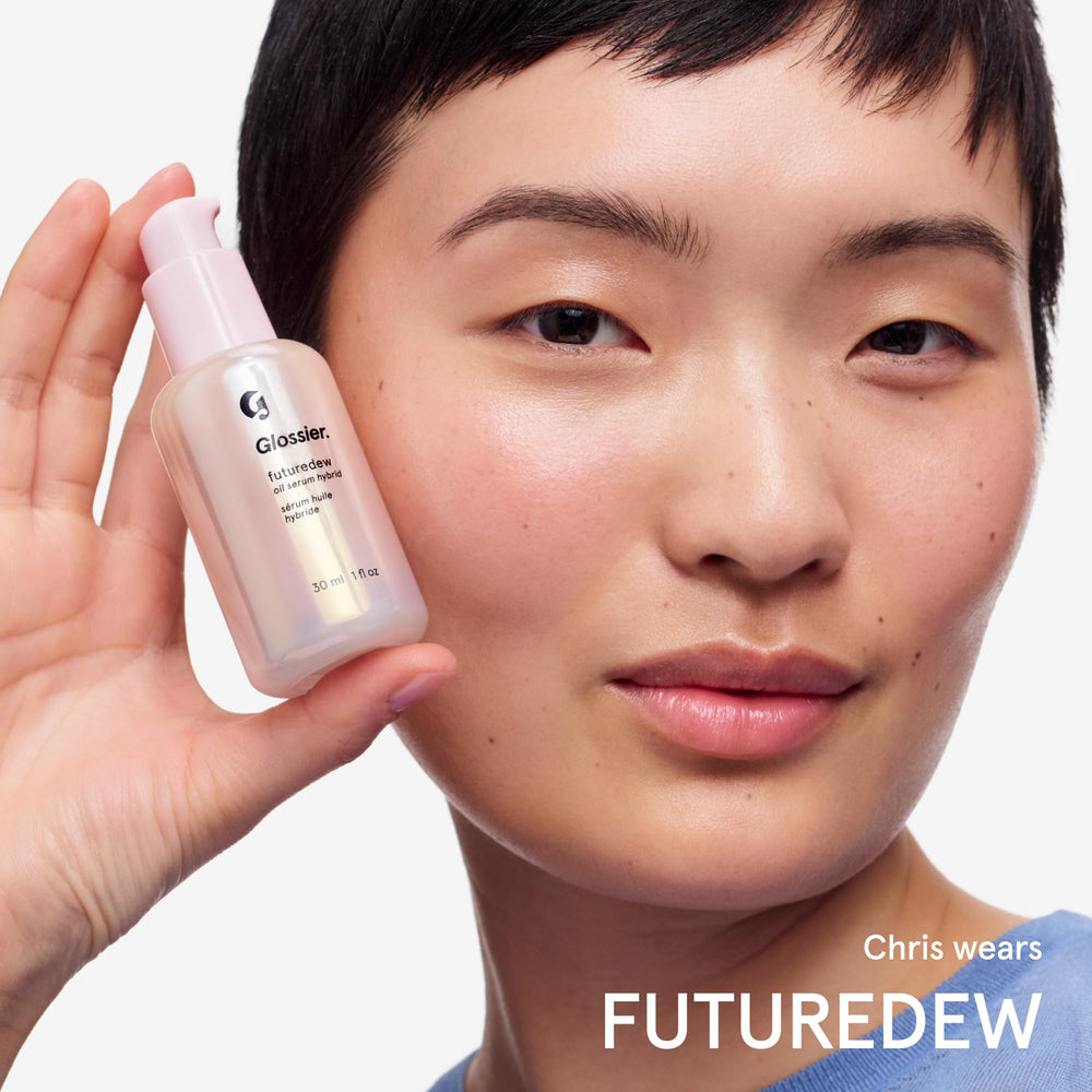 Glossier Futuredew on bathroom shelf in lifestyle setting for routine ease