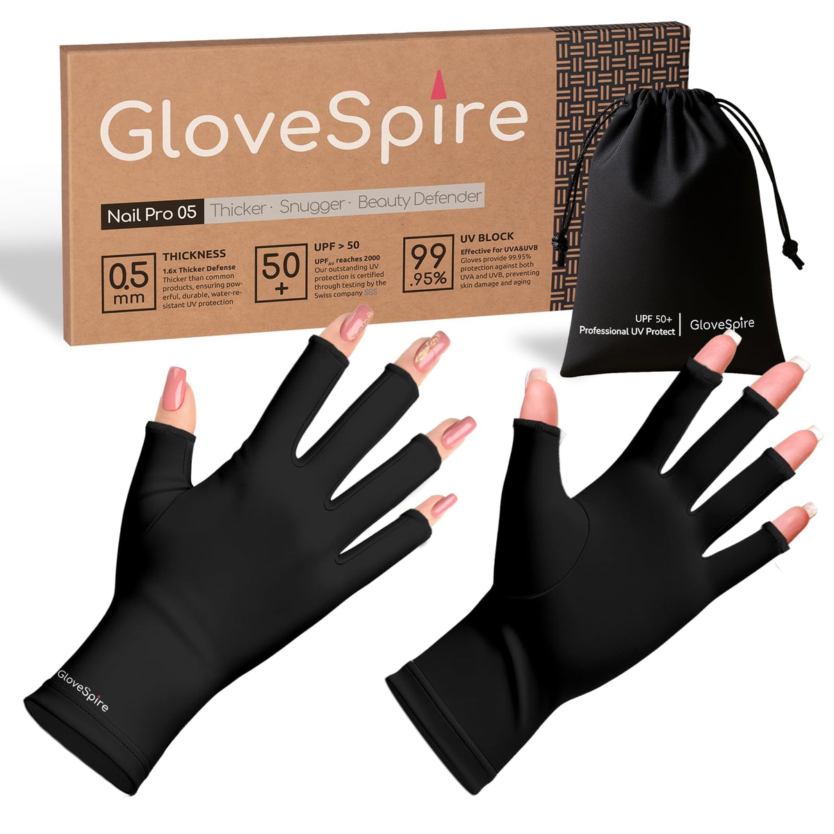 GloveSpire front packaging with black gloves showing compact pouch benefit