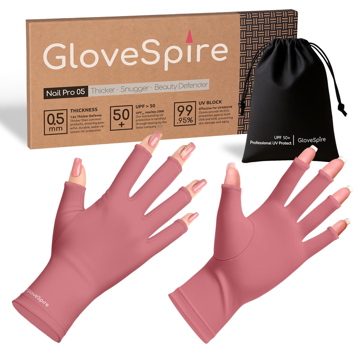 GloveSpire front packaging dusky rose showing protective gloves and pouch benefit