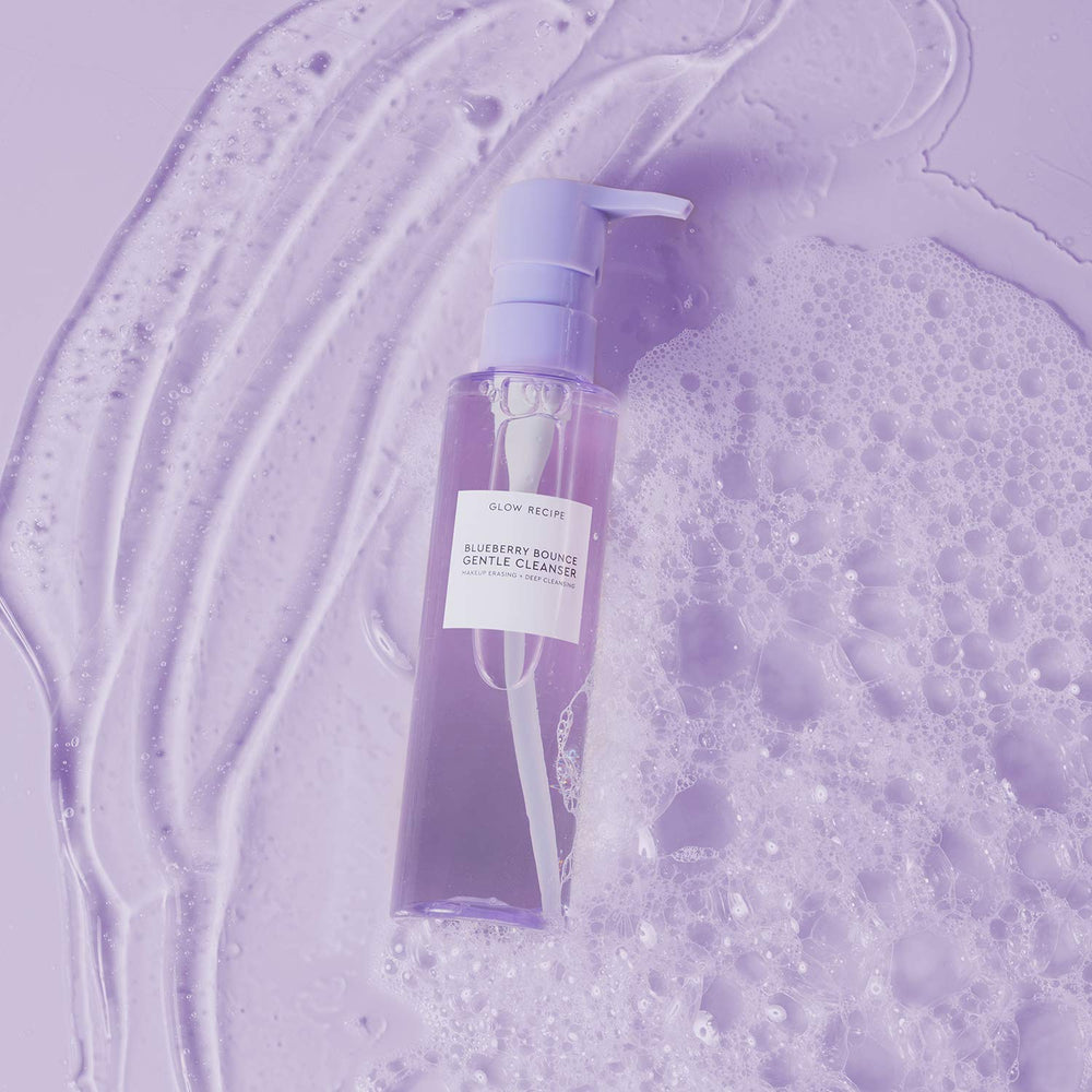Glow Recipe cleanser flatlay with toner and serum showing double-cleanse routine