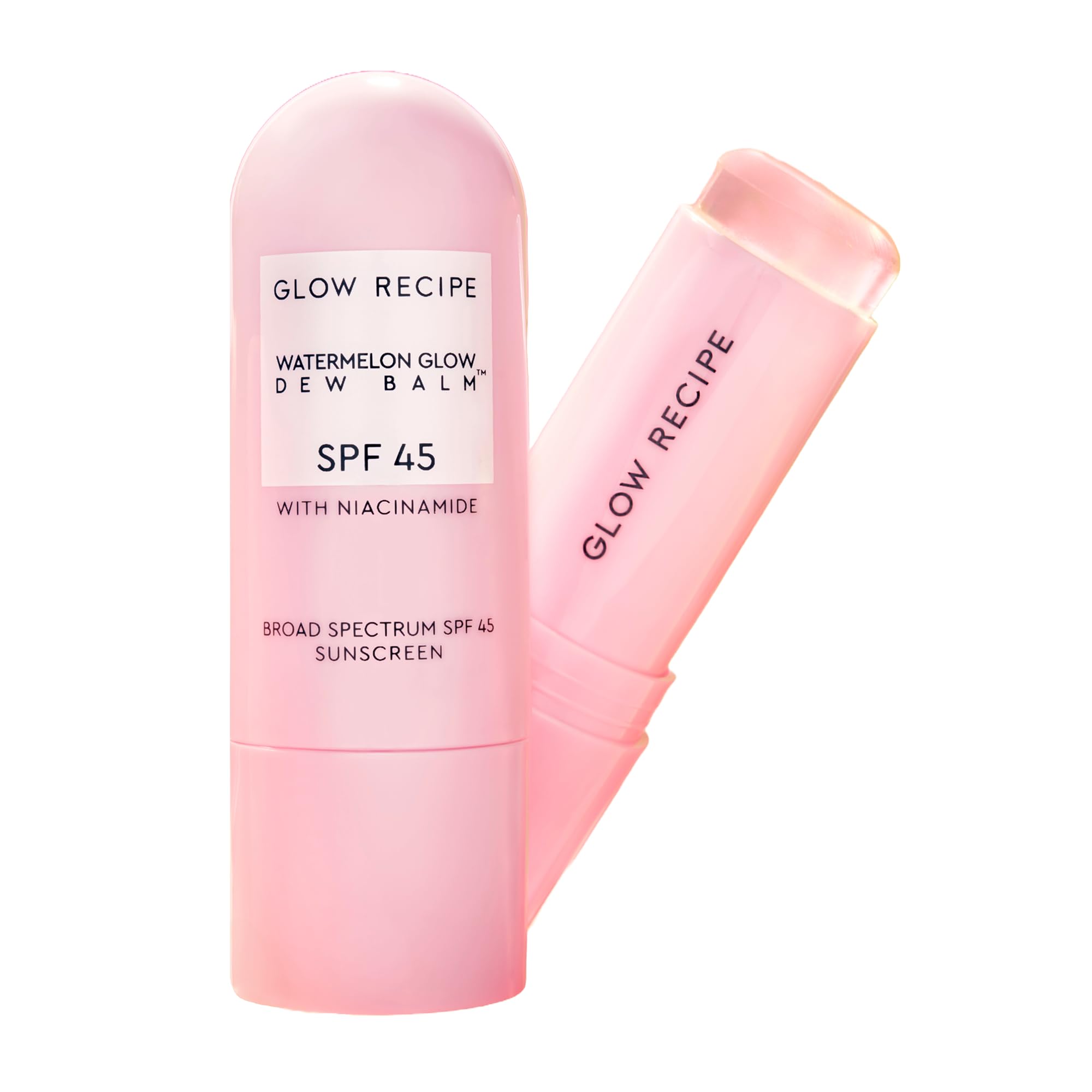 Glow Recipe sunscreen stick front packaging showing SPF 45 and travel size benefits