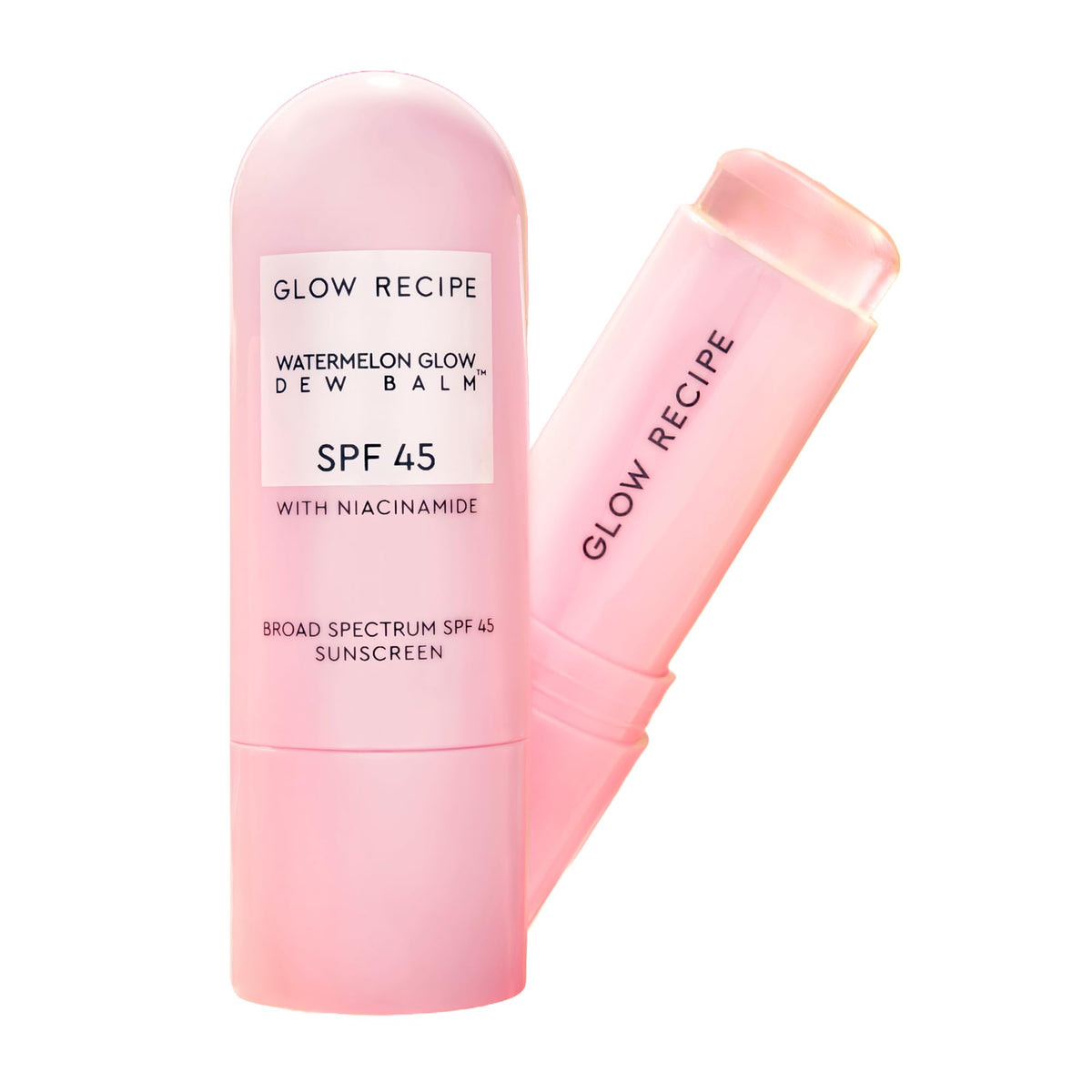 Glow Recipe sunscreen stick front packaging showing SPF 45 and travel size benefits