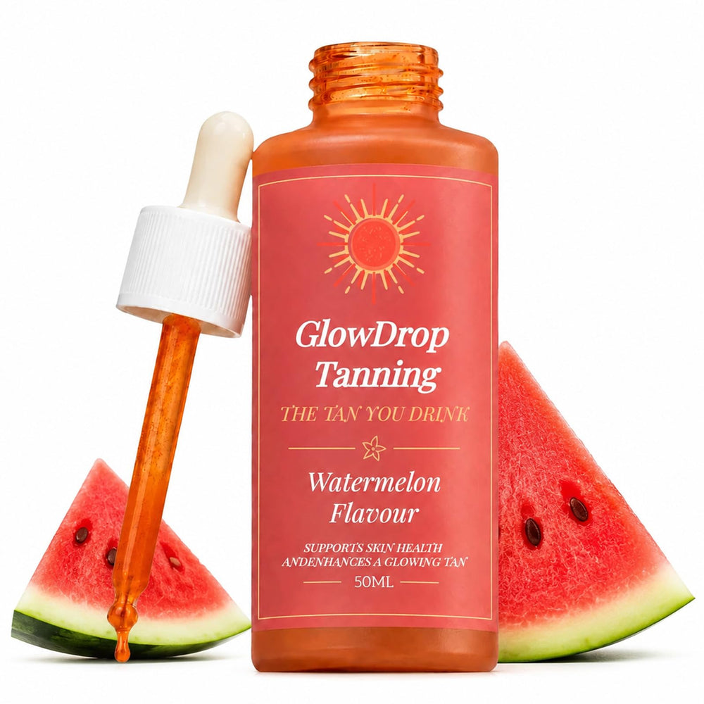 GlowDrop Tanning front bottle showing label and compact 50ml size benefit