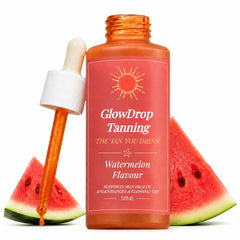 GlowDrop Tanning front bottle showing label and compact 50ml size benefit