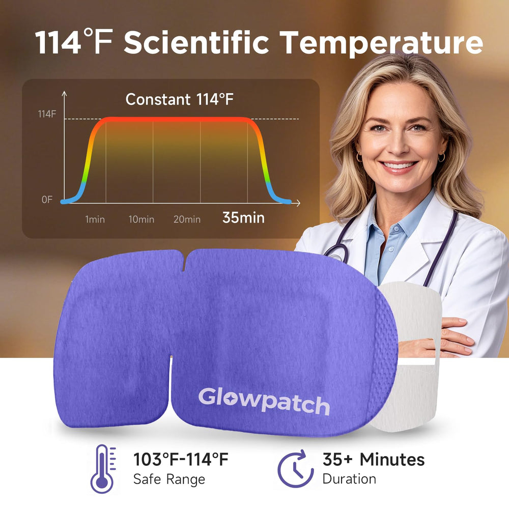 Glowpatch steam eye mask worn by model demonstrating relaxation benefit