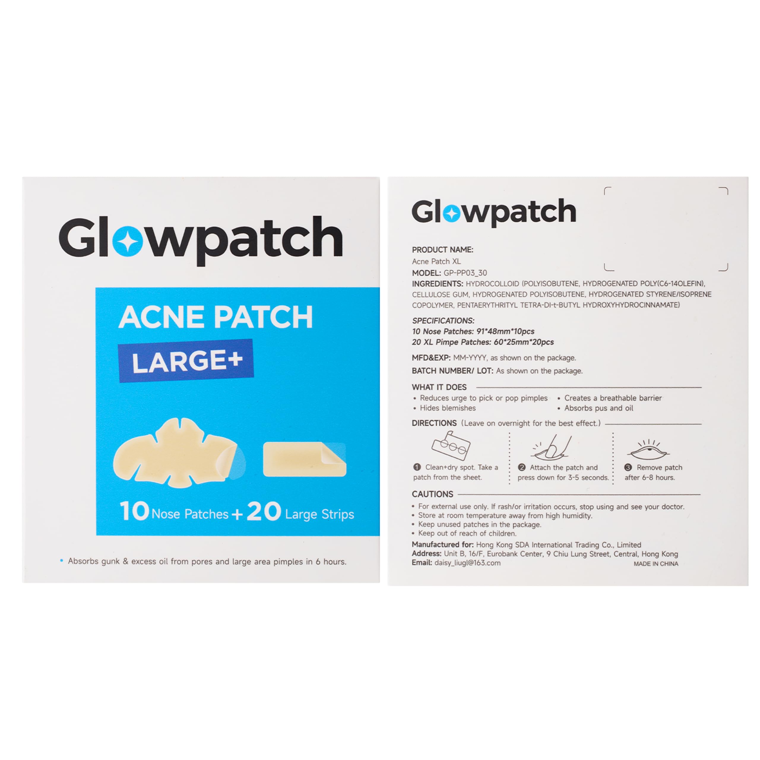 Glowpatch patch next to fingers for size and coverage comparison