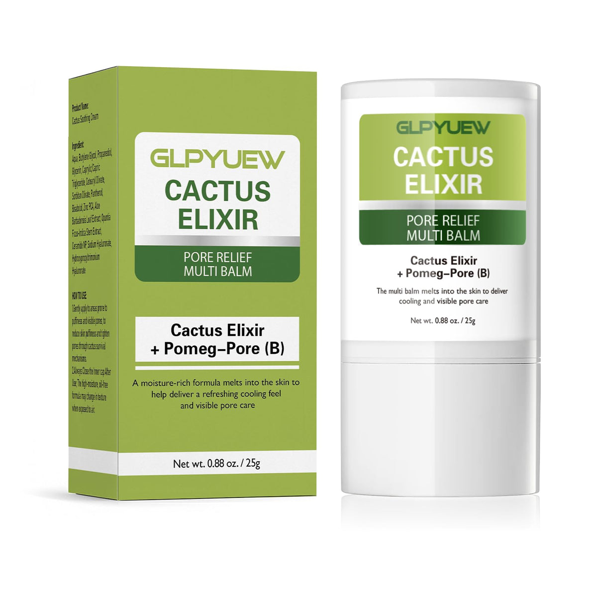 GLPYUEW front packaging showing compact balm stick and benefits
