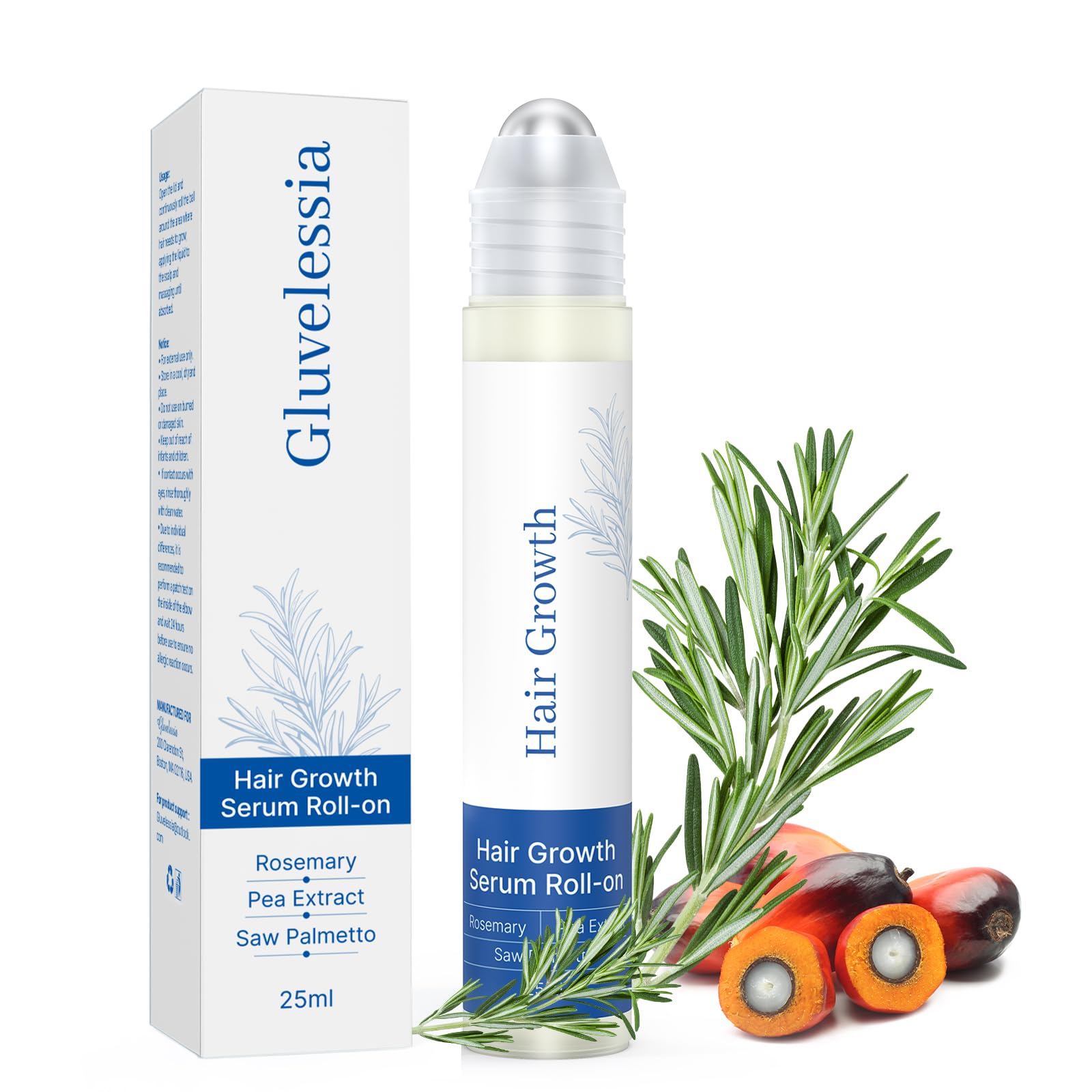 Gluvelessia front packaging showing roll-on bottle and rosemary for clear product ID