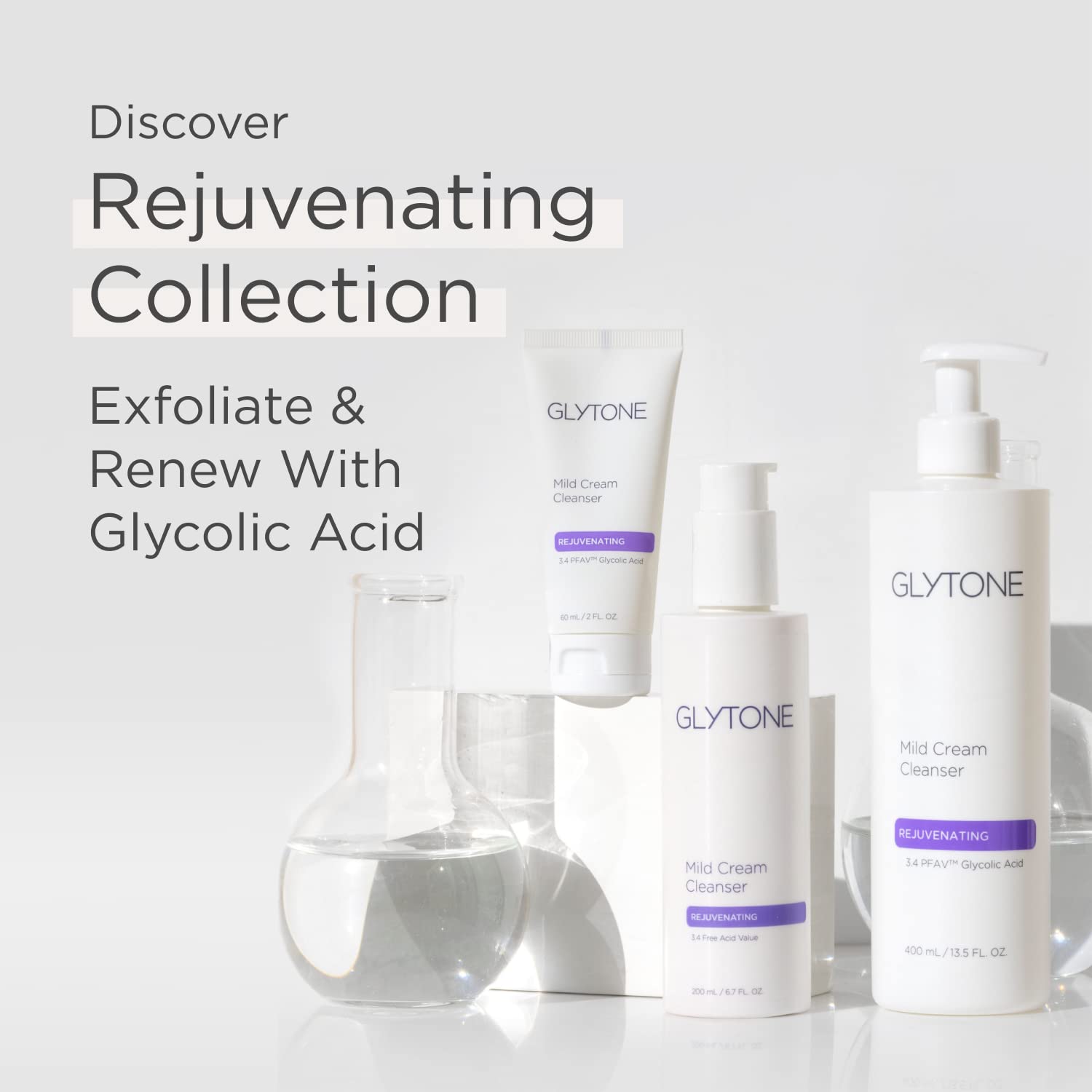 GLYTONE label close-up with glycolic acid and glycerin, clarifies active ingredients benefit
