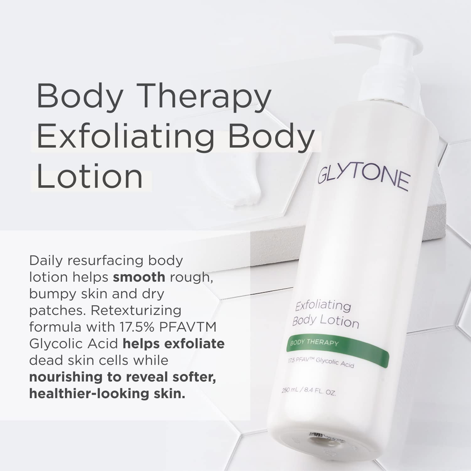 GLYTONE pump dispensing lotion texture, illustrating smooth spreadability