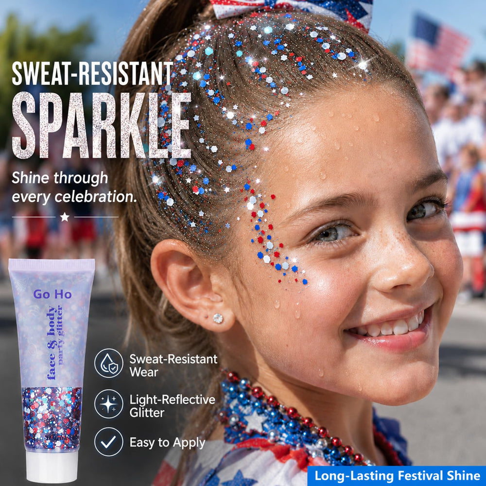 Go Ho glitter applied to cheek demonstrating vibrant patriotic face highlight
