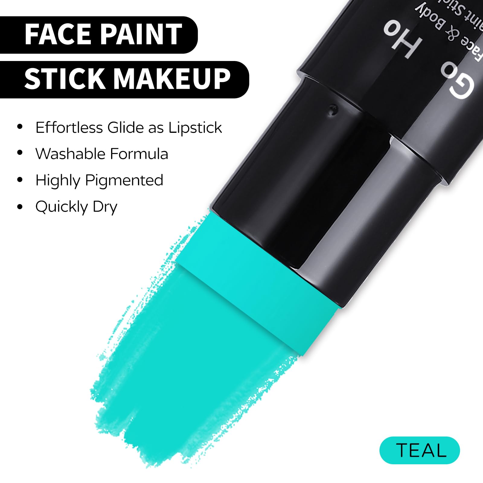 Model wearing full-coverage Go Ho teal face paint showcasing bold cosplay impact