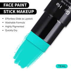 Model wearing full-coverage Go Ho teal face paint showcasing bold cosplay impact