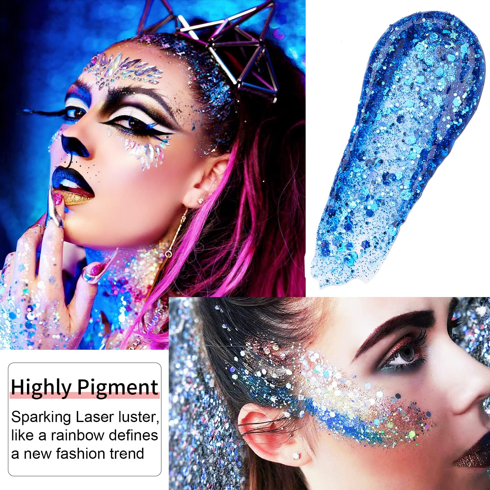 Go Ho glitter on eyelid close-up, enhances eye makeup with holographic shine